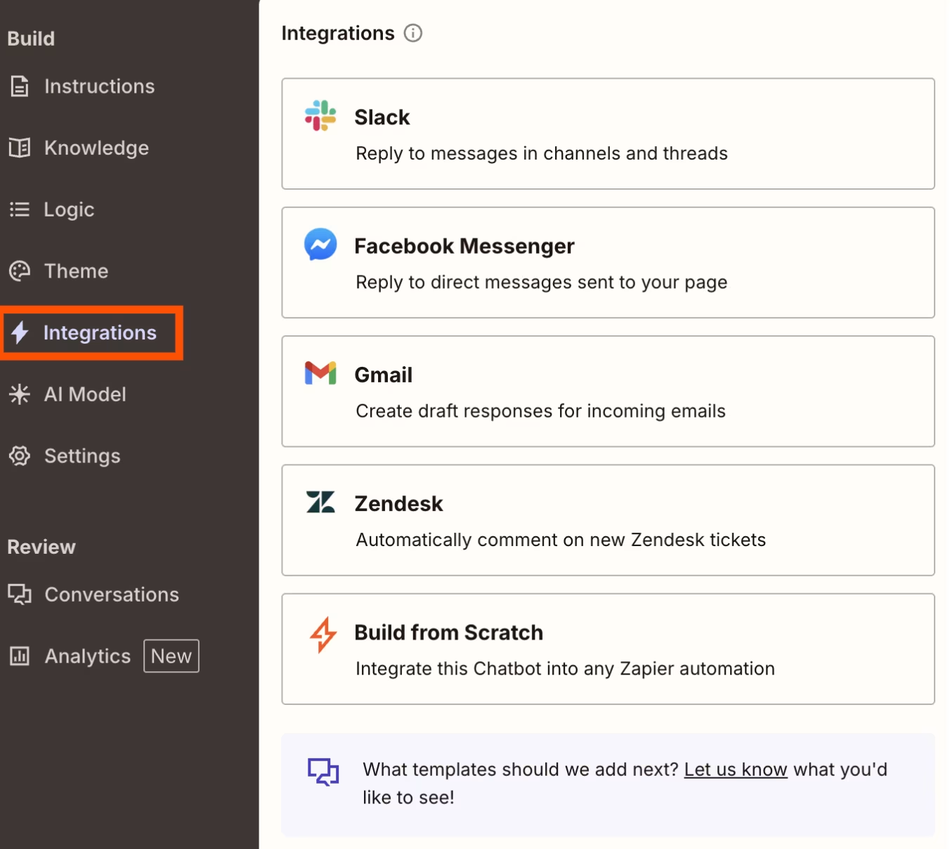 The Integrations panel in the Zapier chatbot editor