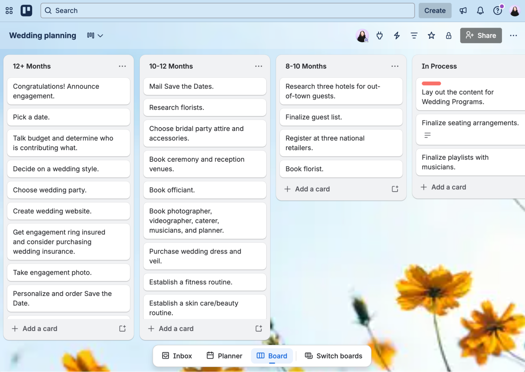Trello board example for wedding planning.