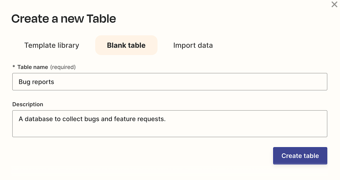 Screenshot of blank table with name