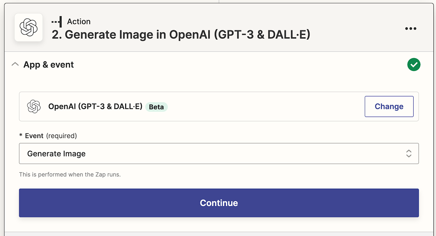 OpenAI action in the Zap editor