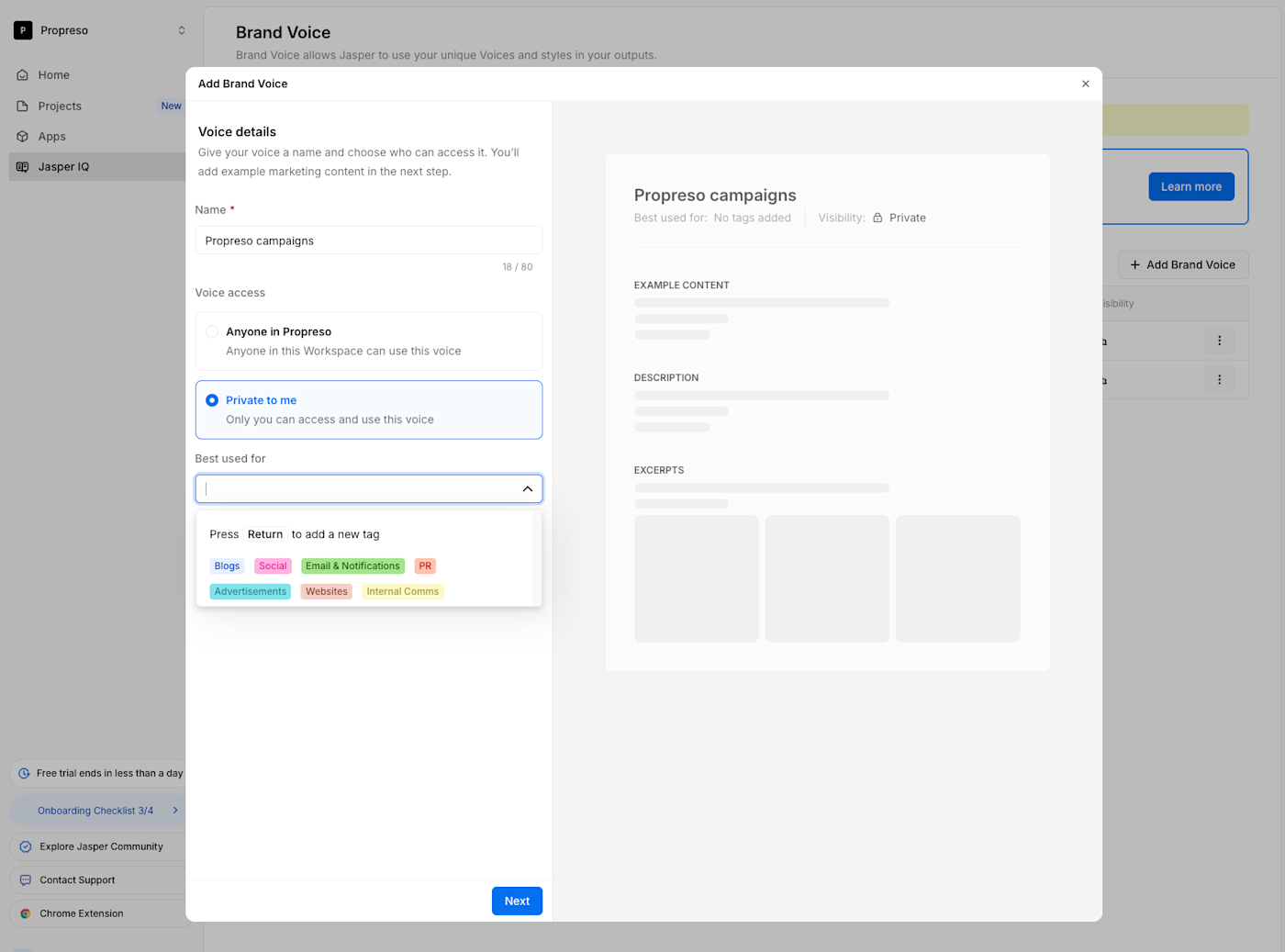 Popup in Jasper with the option to import content to train Jasper to write in your voice. 