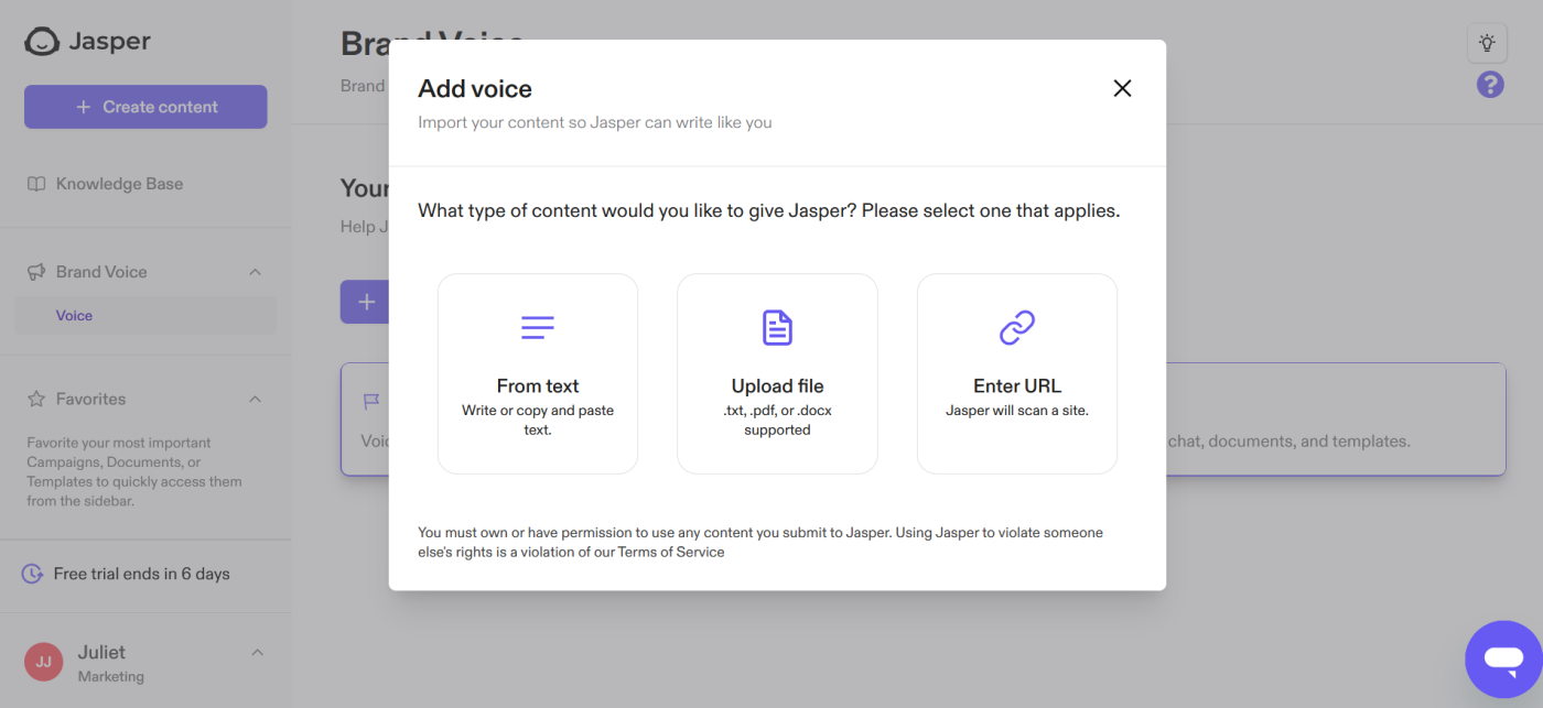 Popup in Jasper with the option to import content to train Jasper to write in your voice. 
