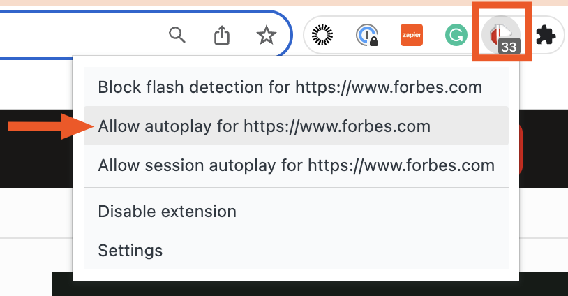 Example of how to allow autoplay for a specific website using the AutoplayStopper Google Chrome extension.