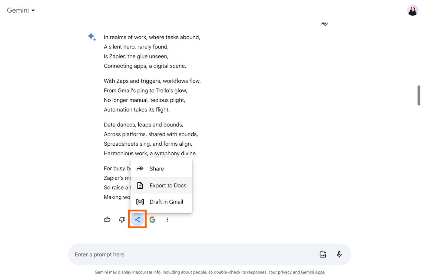 Gemini conversation with an expanded view of the share and export dropdown. 