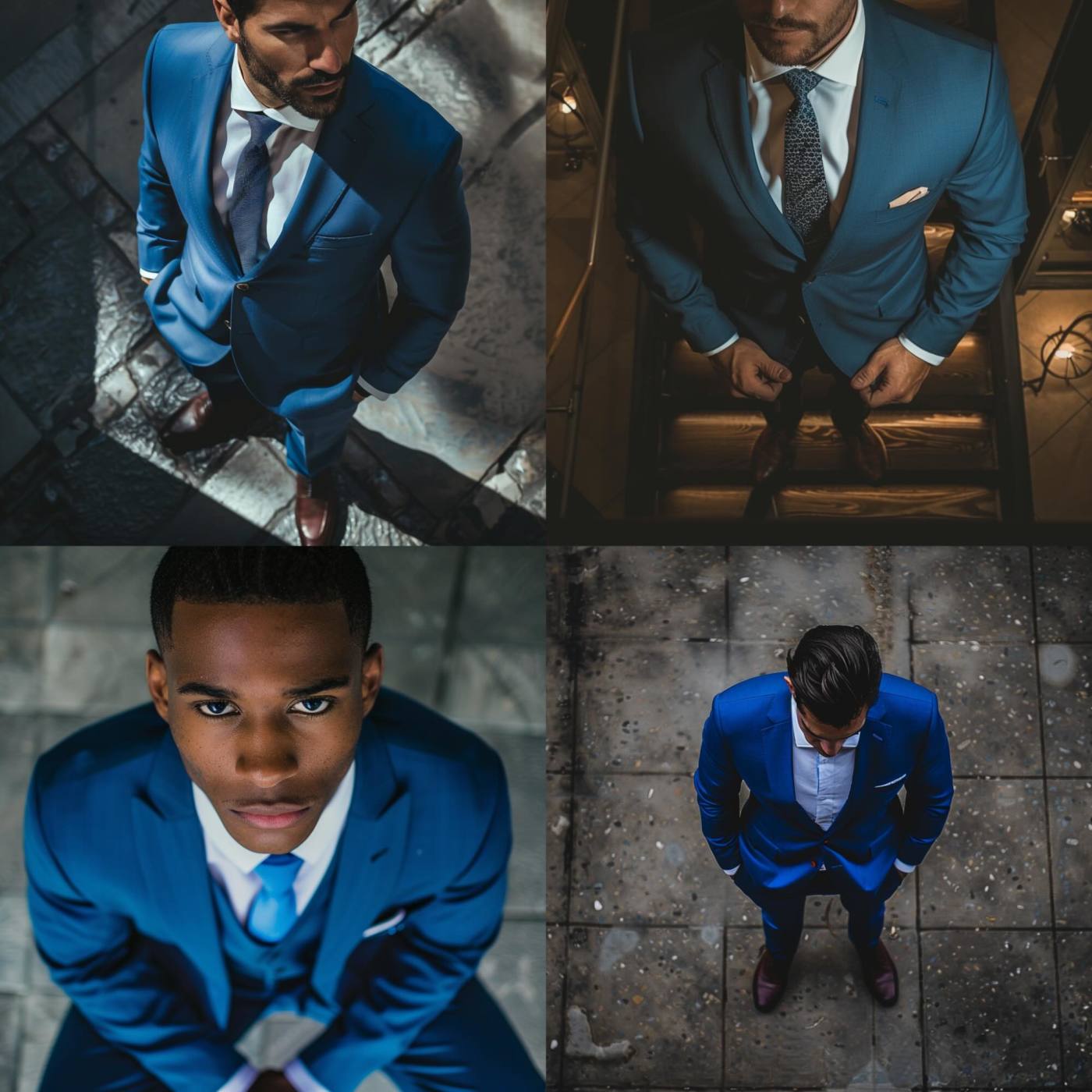 A man wearing a blue suit, high angle photograph