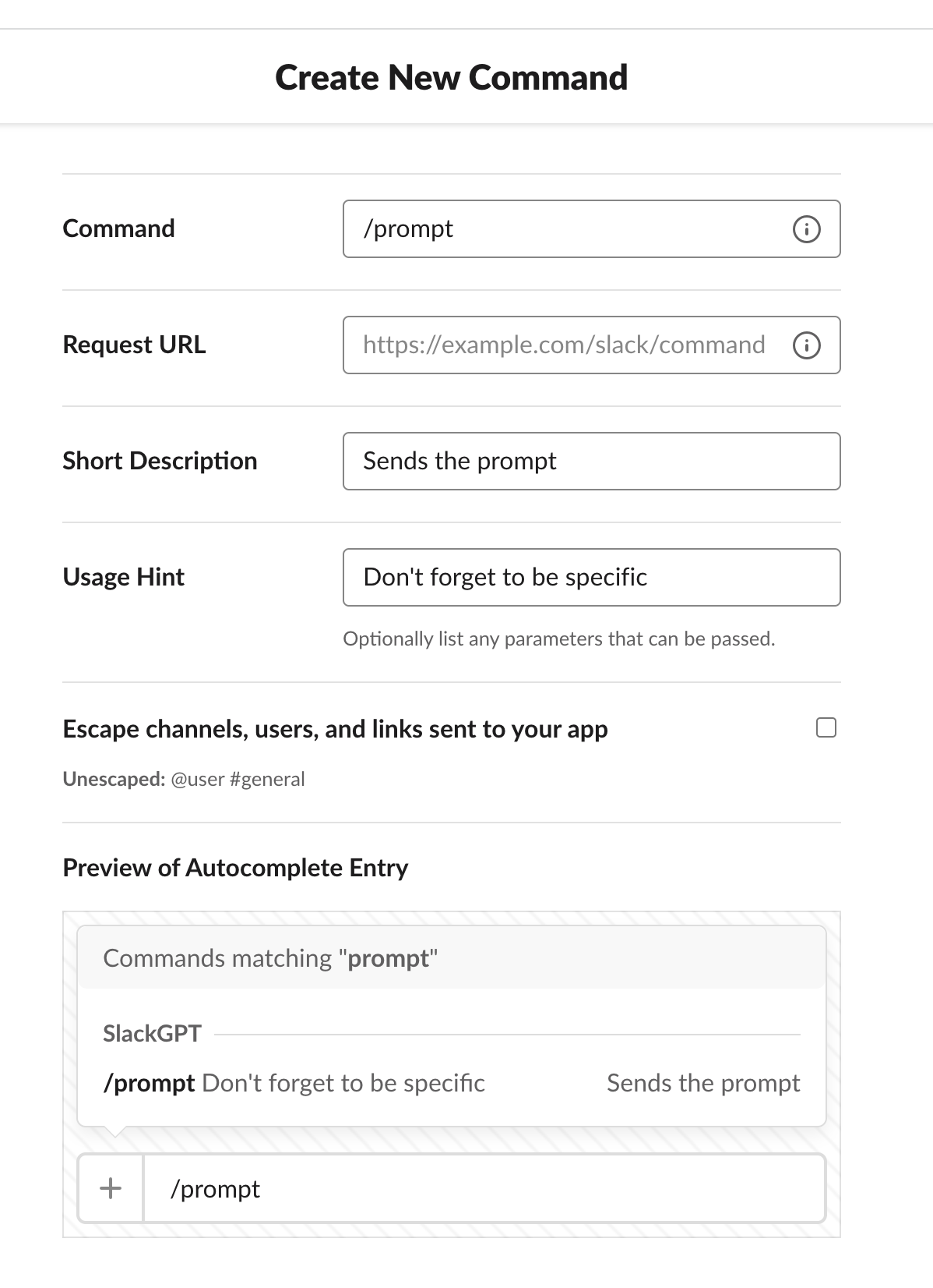 A screenshot of the setup for a slash command in Slack.