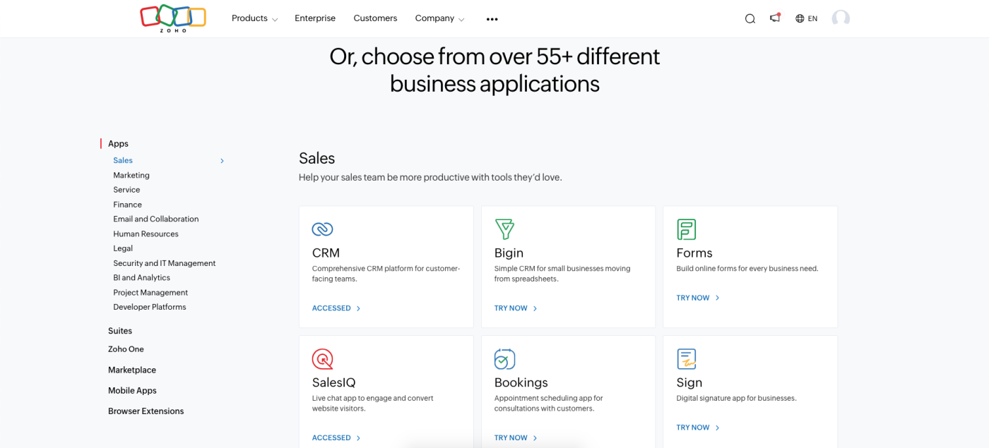 Screenshot of Zoho's sales applications