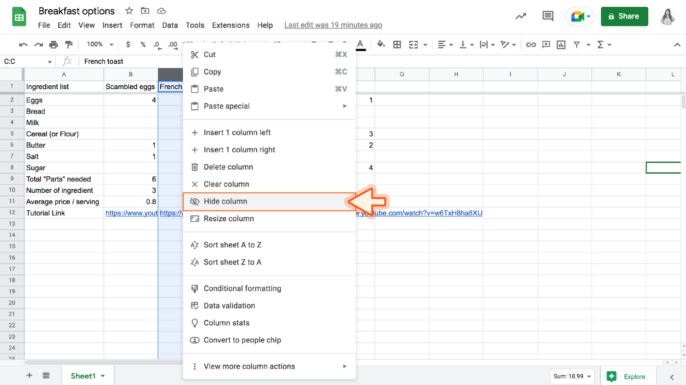 Screenshot of spreadsheet and menu bar with arrow pointing to the "Hide column" button. 