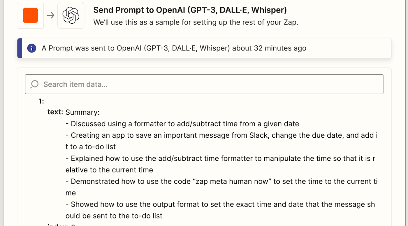 Screenshot of OpenAI testing in the Zap editor