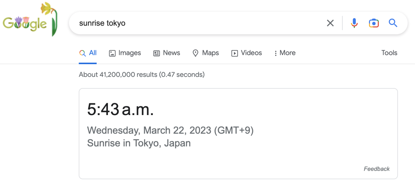 The time for the sunrise in Tokyo, Japan on March 22, 2023 is displayed at the top of a Google Search results page with the words sunrise tokyo in the search bar.