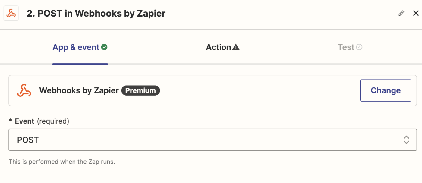 Screenshot of webhooks action event in Zap editor