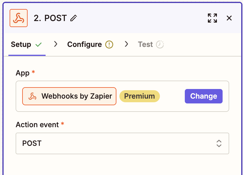 A screenshot of a webhooks action event (POST) in the Zap editor.