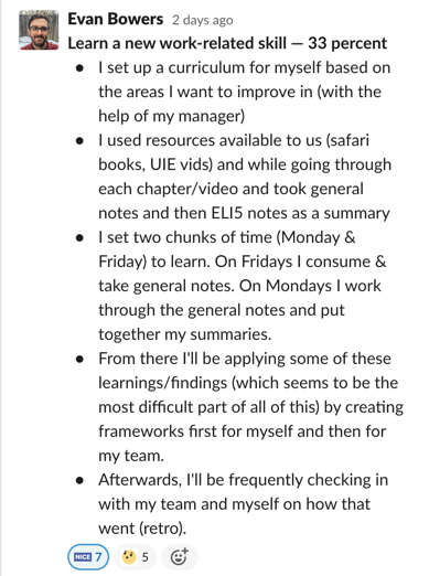 A Slack screenshot of Evan's plan to learn a new skill, including working with his manager to identify areas for improvement, finding resources, setting aside time, applying findings, and checking in with his team and himself.