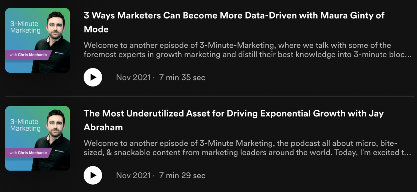 A screenshot of 3-Minute Marketing, our pick for the best marketing podcast for short takes