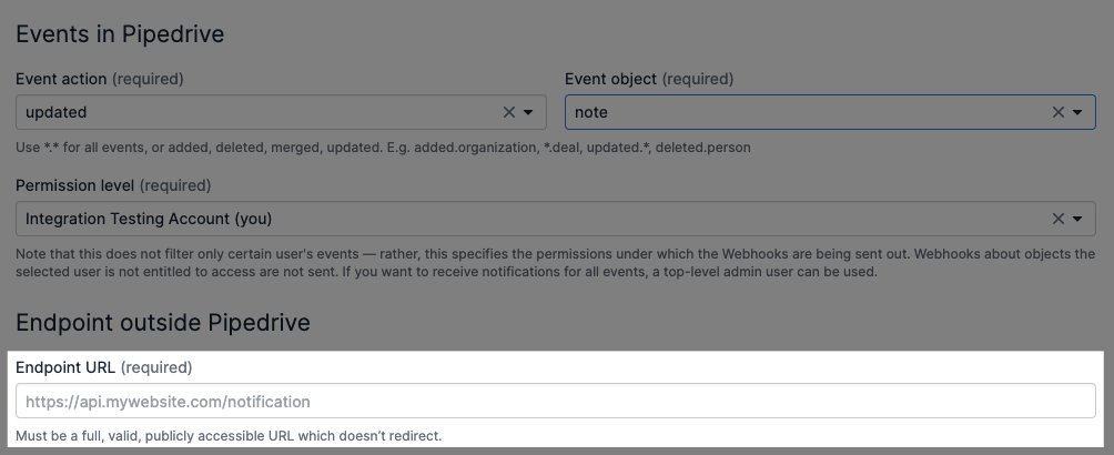 The endpoint URL section of the Events in Pipedrive page is highlighted, which shows a field for an endpoint URL.