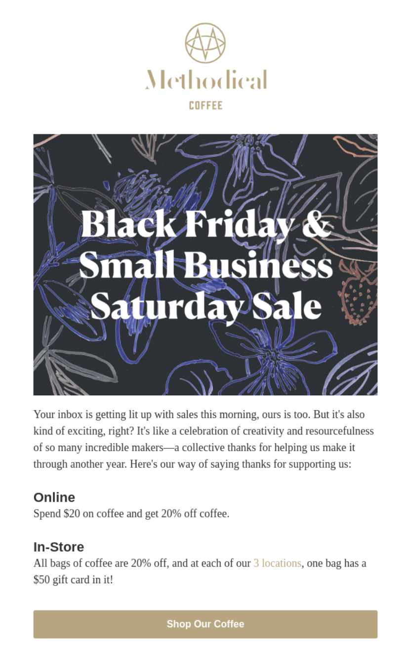 Promotion for Black Friday and Small Business Saturday from Methodical Coffee