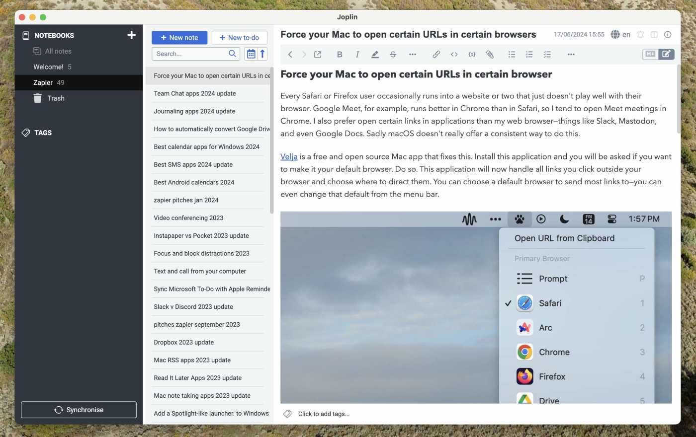 A screenshot of Joplin, our pick for the best open-source note-taking app for Mac