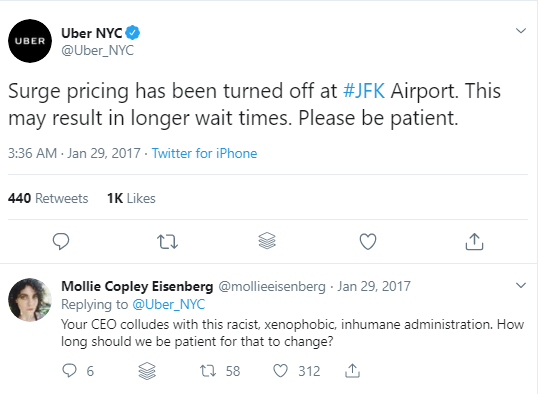 Uber announcing their lift on surge pricing and someone responding negatively.
