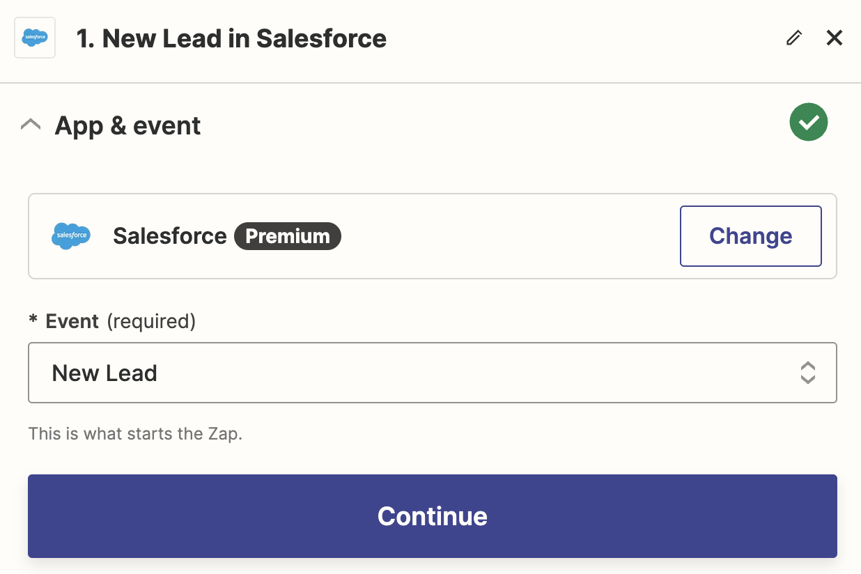 A trigger step in the Zap editor with Salesforce selected for the trigger app and New Lead selected for the trigger event.