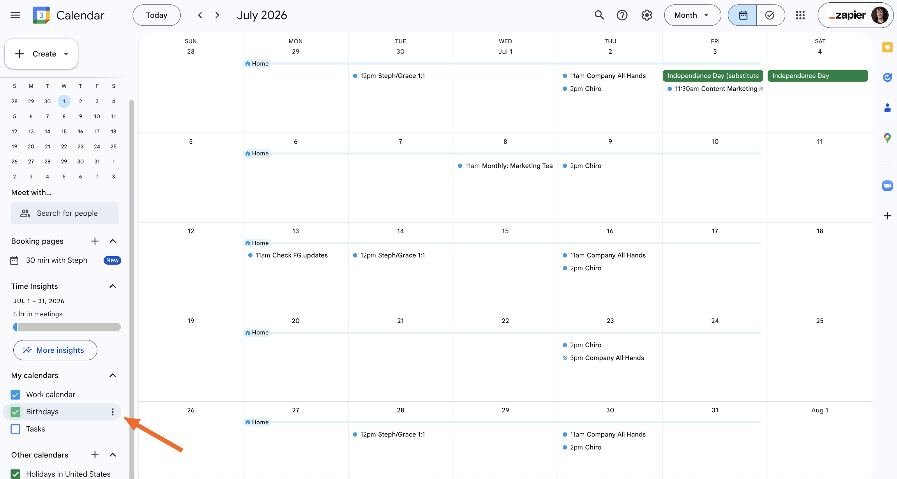 A Google Calendar with an arrow pointing to the left-hand menu