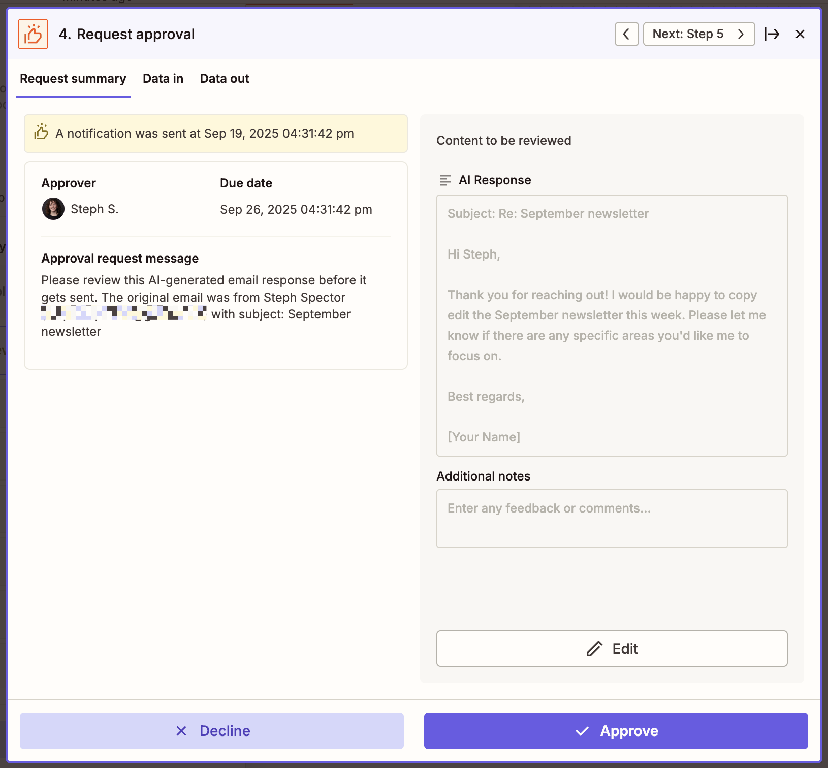 A modal within a Human in the Loop step with options to decline or approve content
