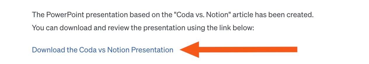 Response from a conversation with ChatGPT's Data Analyst that indicates an article has been converted into a PowerPoint presentation with an option to download the presentation.