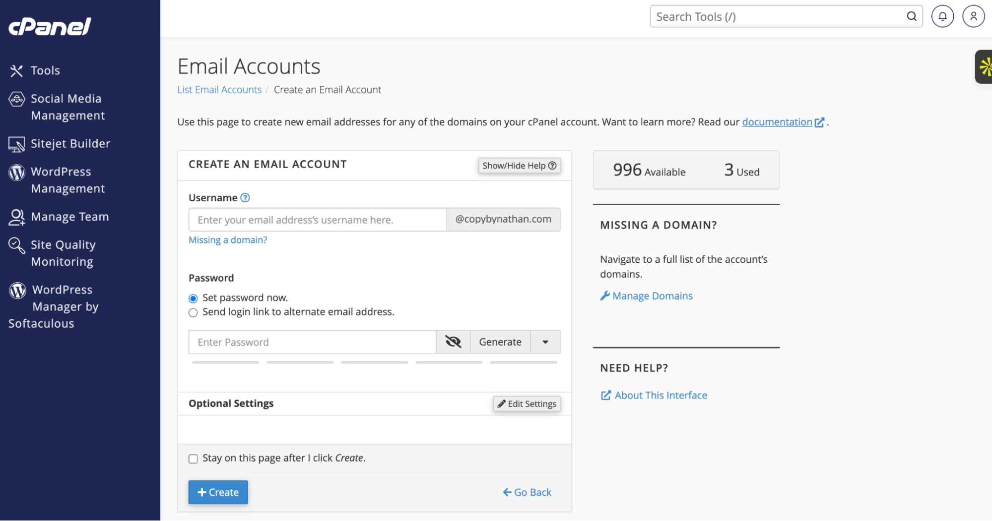 Setting a username and password for the email account
