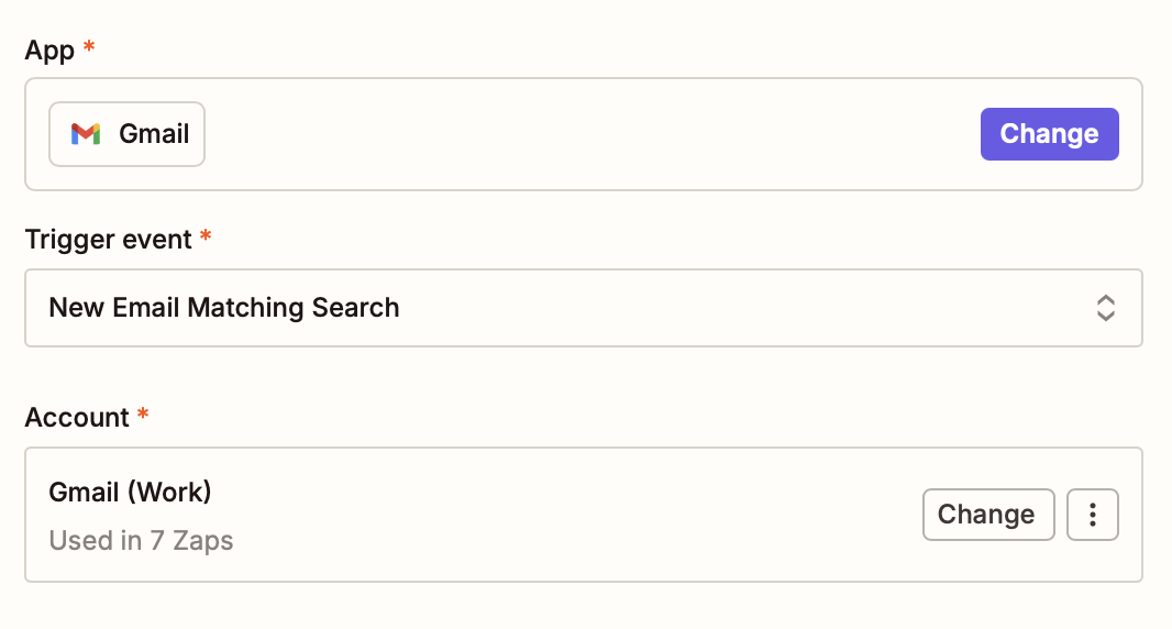 A window in the Zap editor with "App," "Trigger event," and "Account" fields to set up a Gmail trigger step.