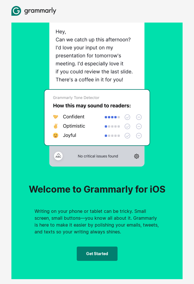 A screenshot of a grammarly onboarding email 