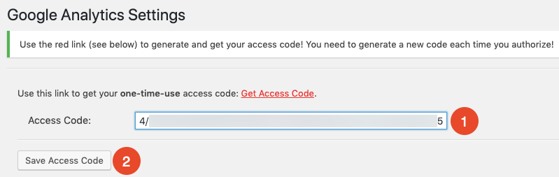 enter Google Analytics access code