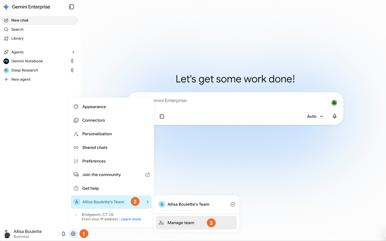 Navigating to Manage team in Gemini Enterprise