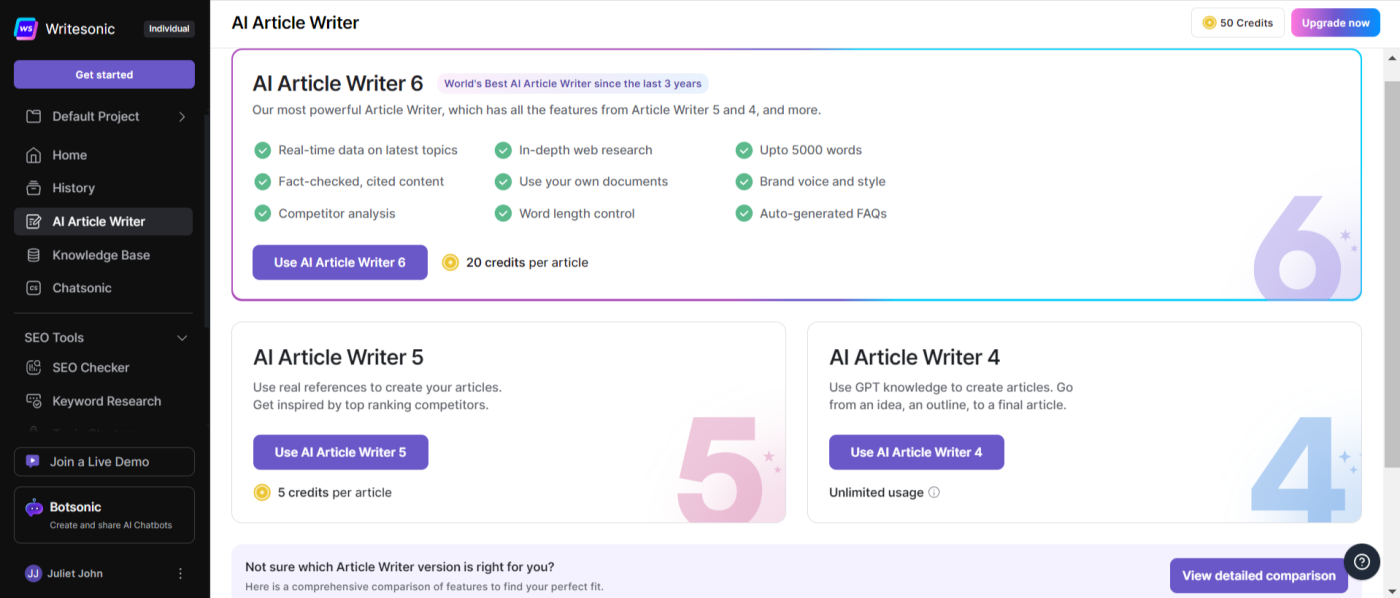 Writesonic's many options for article writers