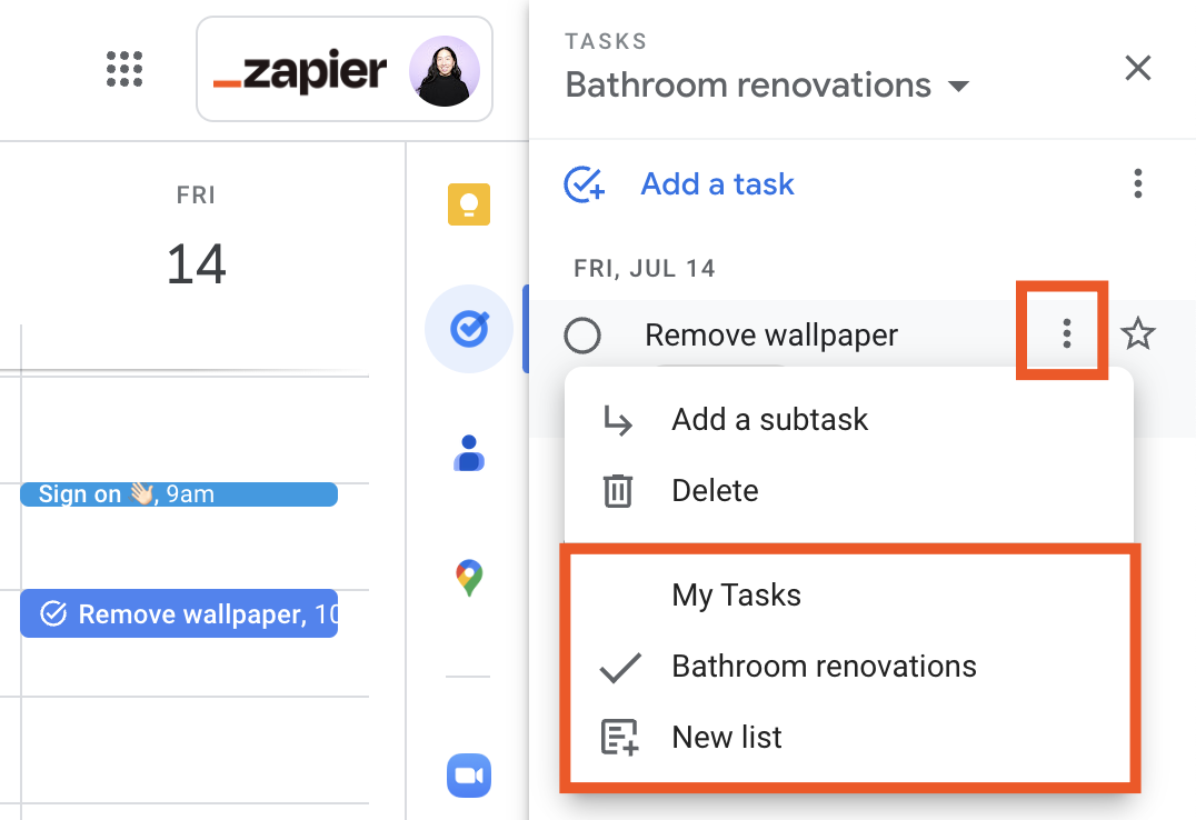 A task in Google Tasks with the Task options icon selected. From the Task options dropdown menu is a series of list options.
