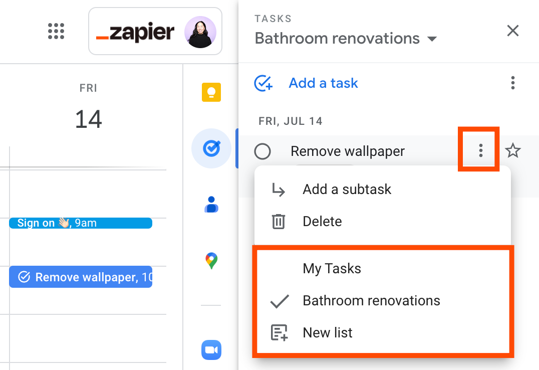 A task in Google Tasks with the Task options icon selected. From the Task options dropdown menu is a series of list options.