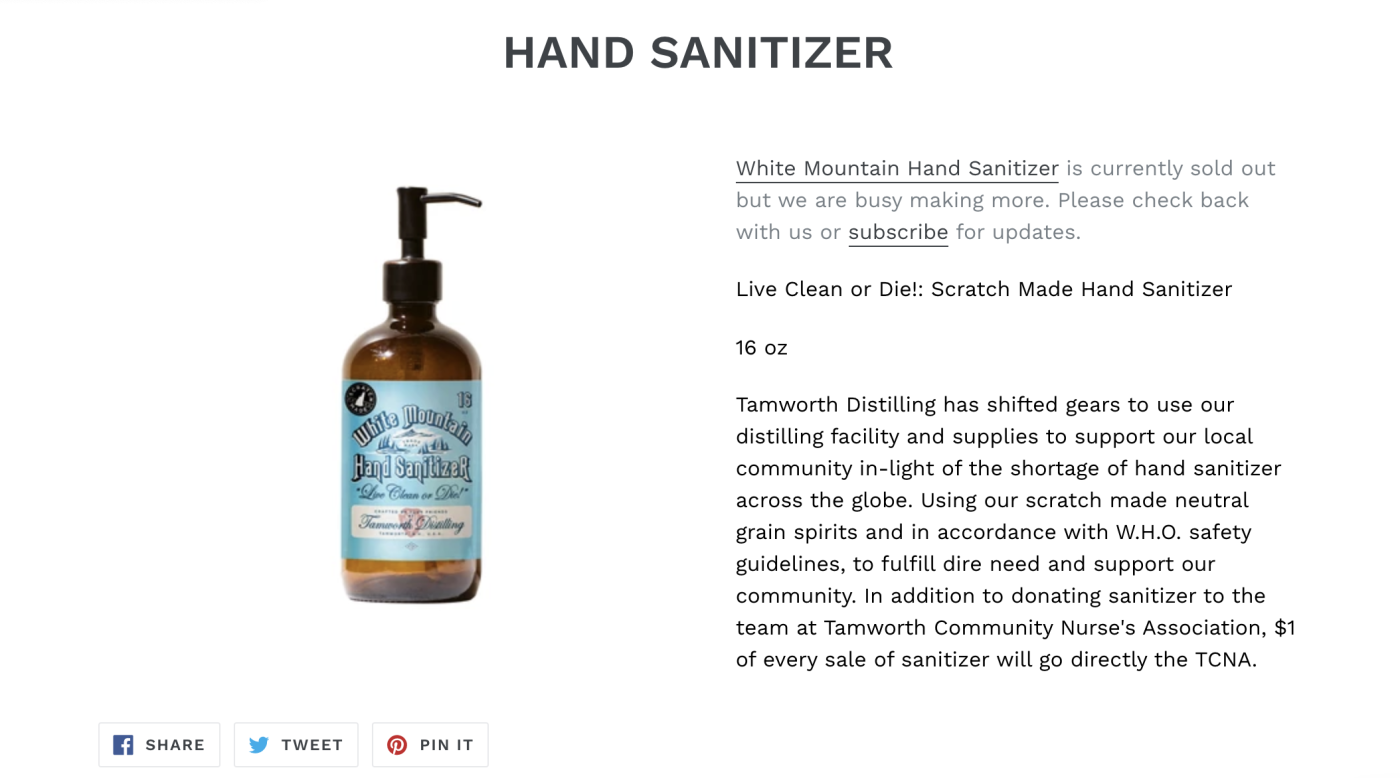 Screenshot of Tamworth Distillery hand sanitizer page