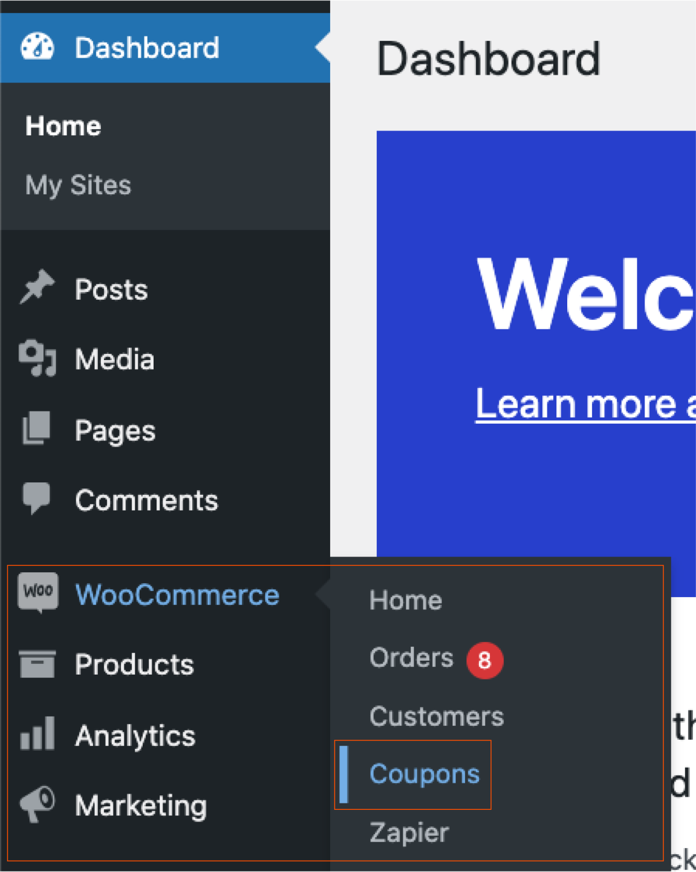 Screenshot of WordPress and the writer navigating to the WooCommerce tab and Coupons sub-tab