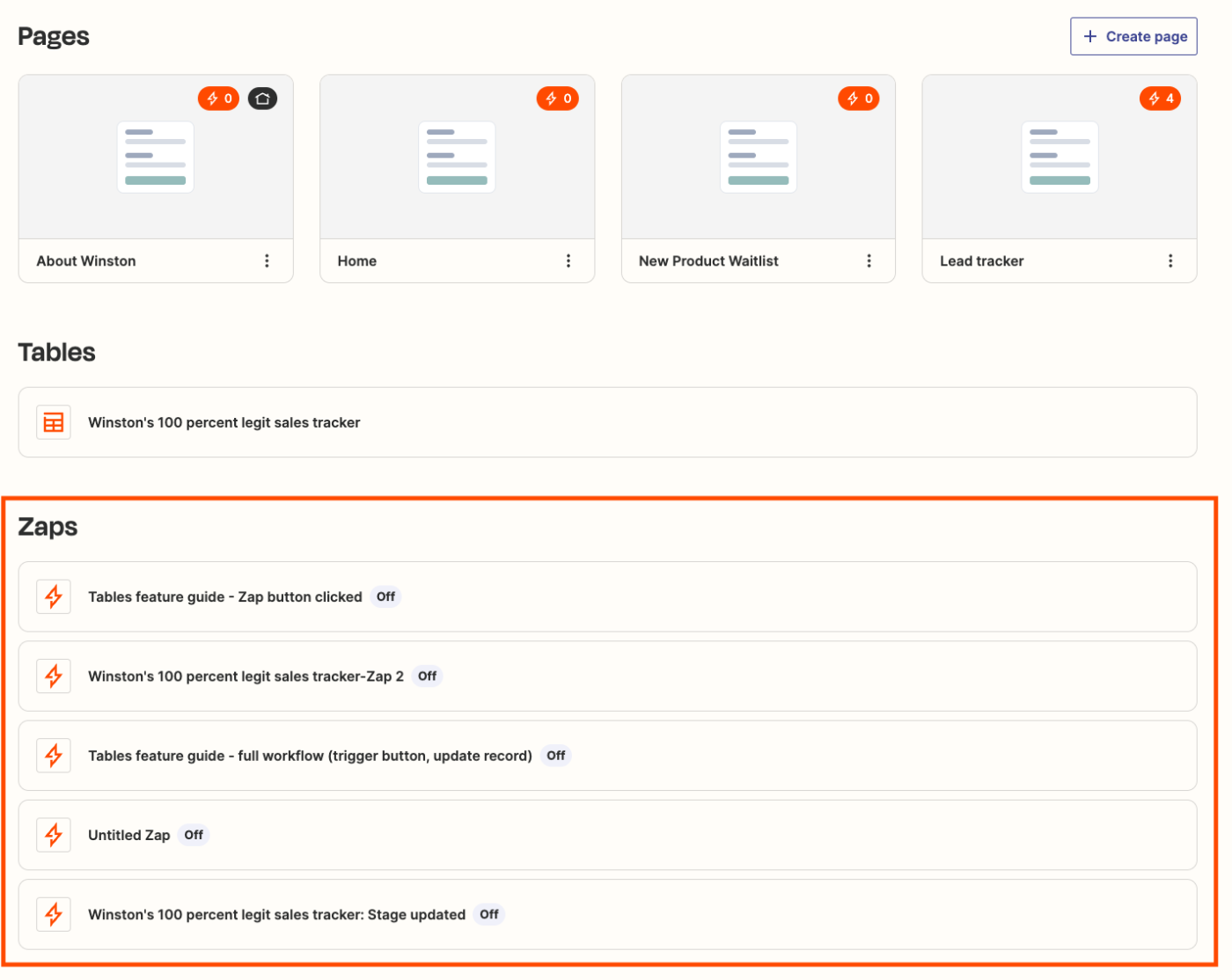 Connected Zaps are located at the bottom of the project dashboard.