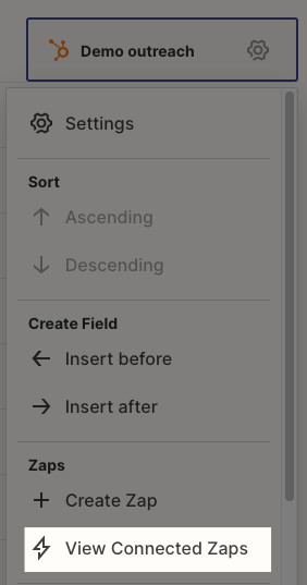 Click on a field header and select View Connected Zaps from the menu.