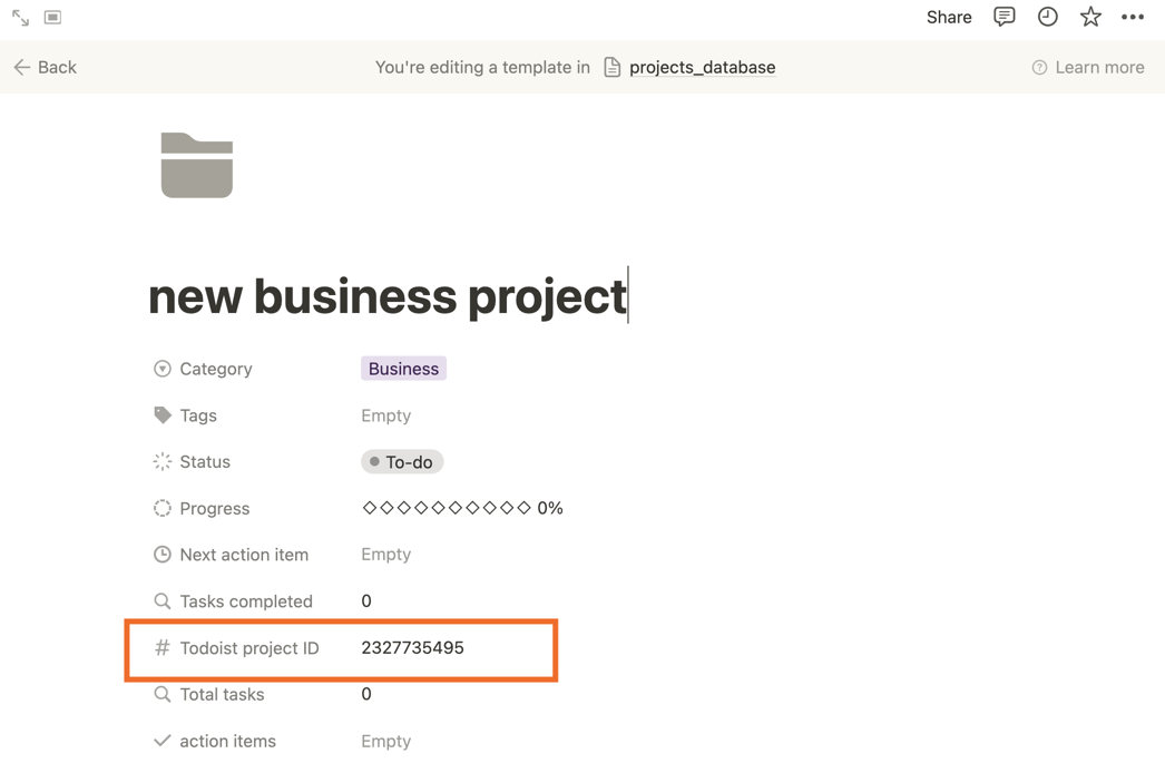 Screenshot of a project in Notion, with the property "Todoist project ID" circled