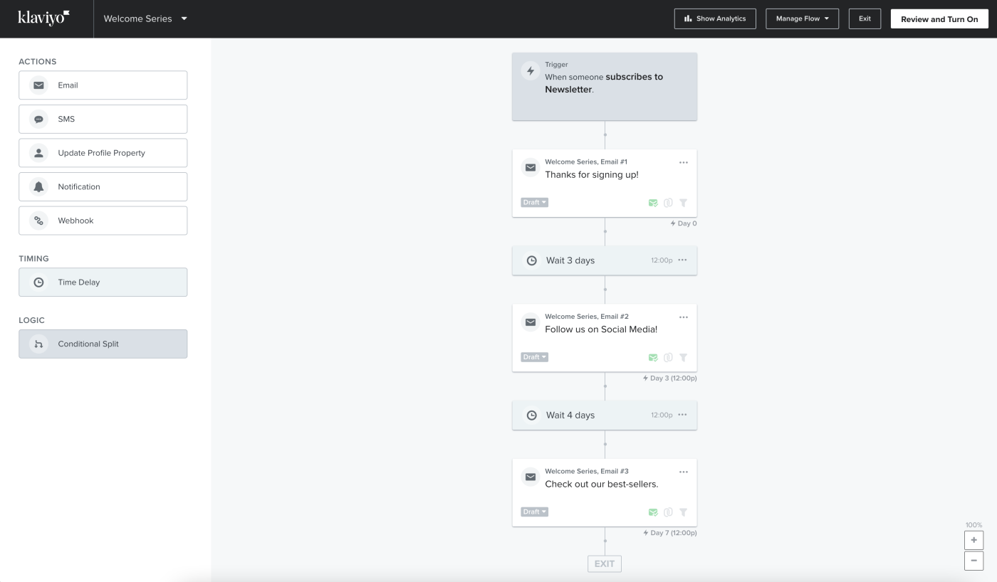 Screenshot of Klaviyo's workflow interface.