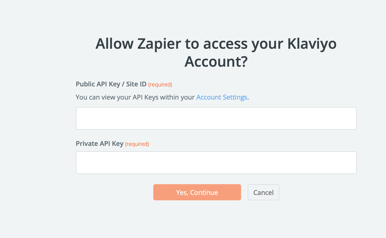 A screenshot of the app connection page for Klaviyo showing places to enter the API keys and site ID.