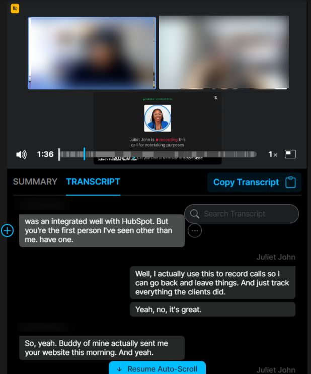 Fathom video recording with the meeting transcript in a chat-style format beneath the video. 