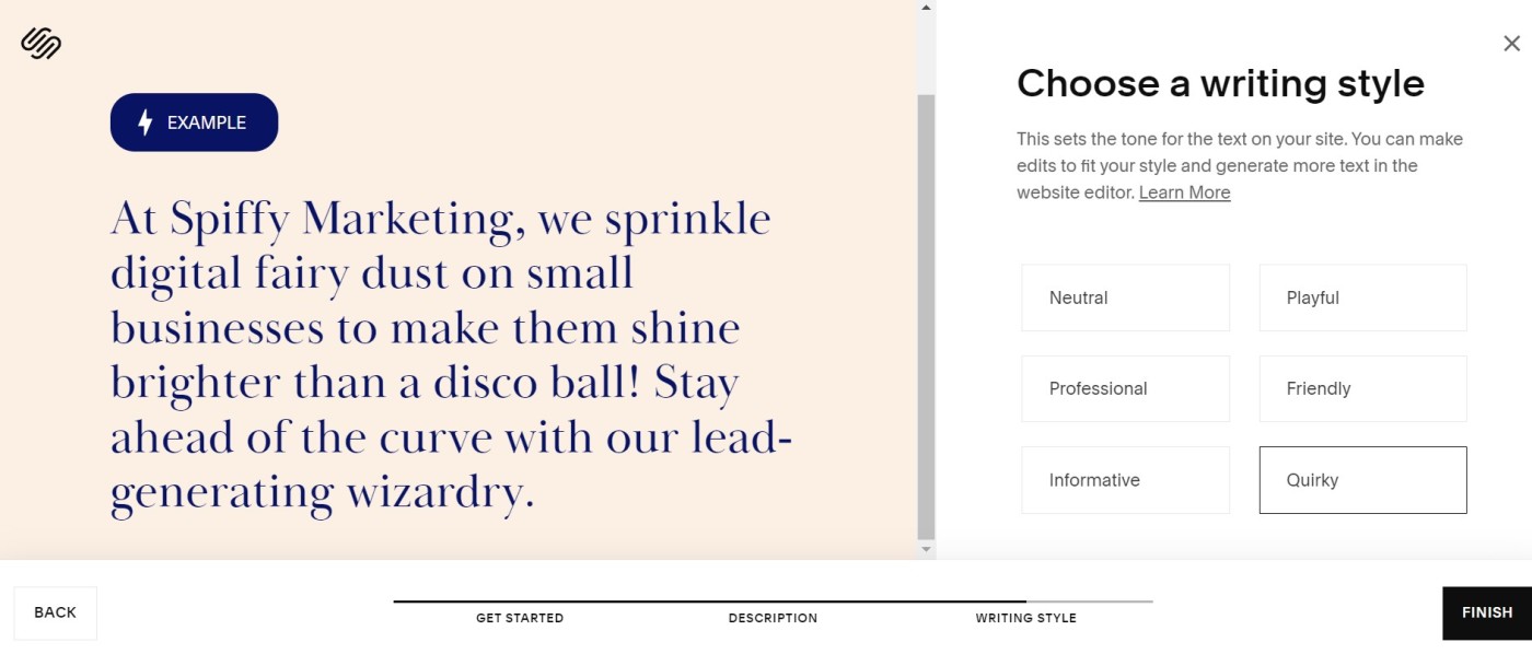 Choosing a writing style in Squarespace's AI tool