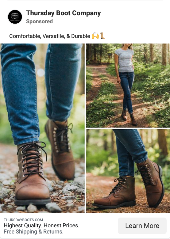 An ad for Thursday Boot Company with close-up pictures of the boots