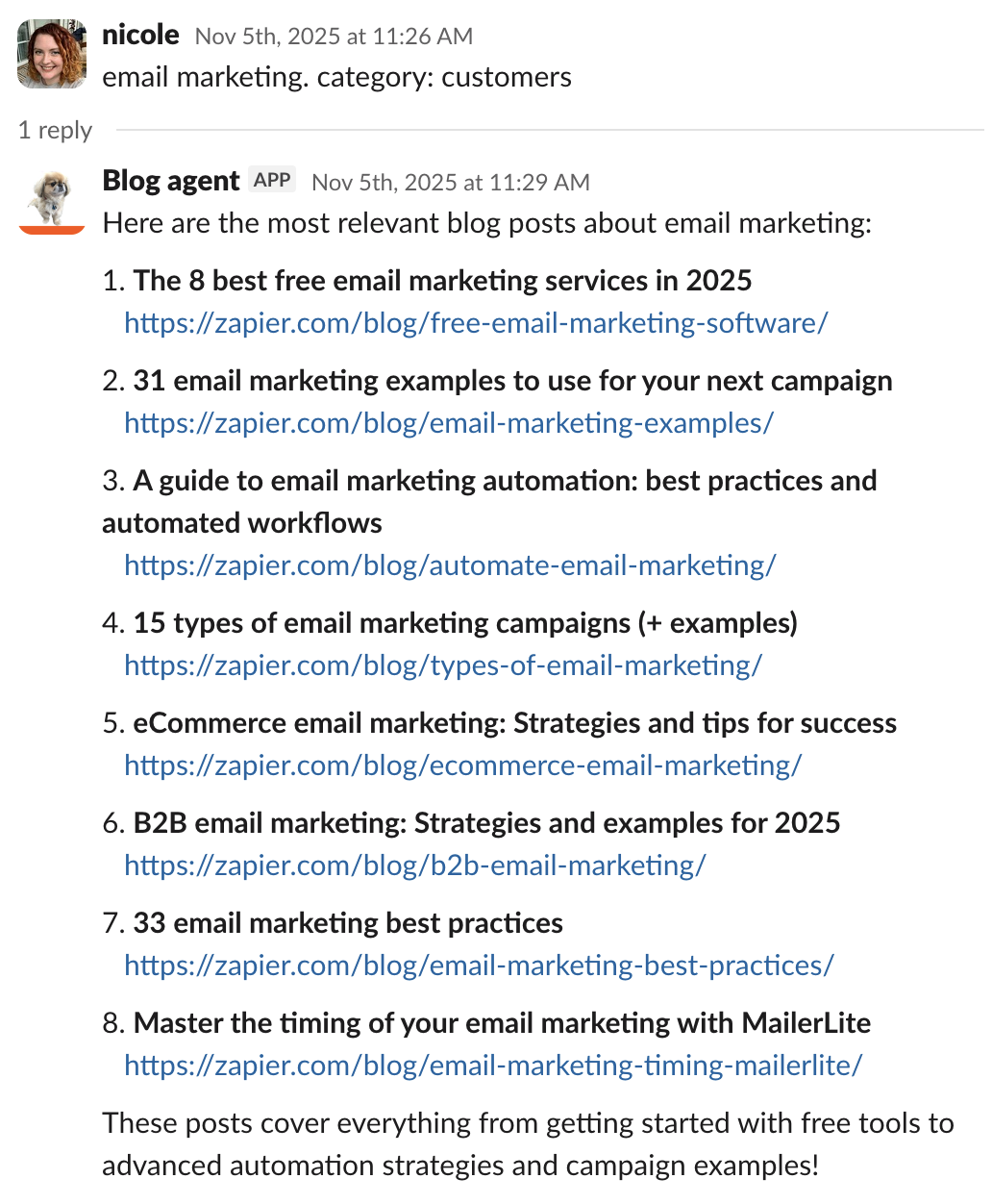 A Slack thread listing Zapier blog posts related to email marketing
