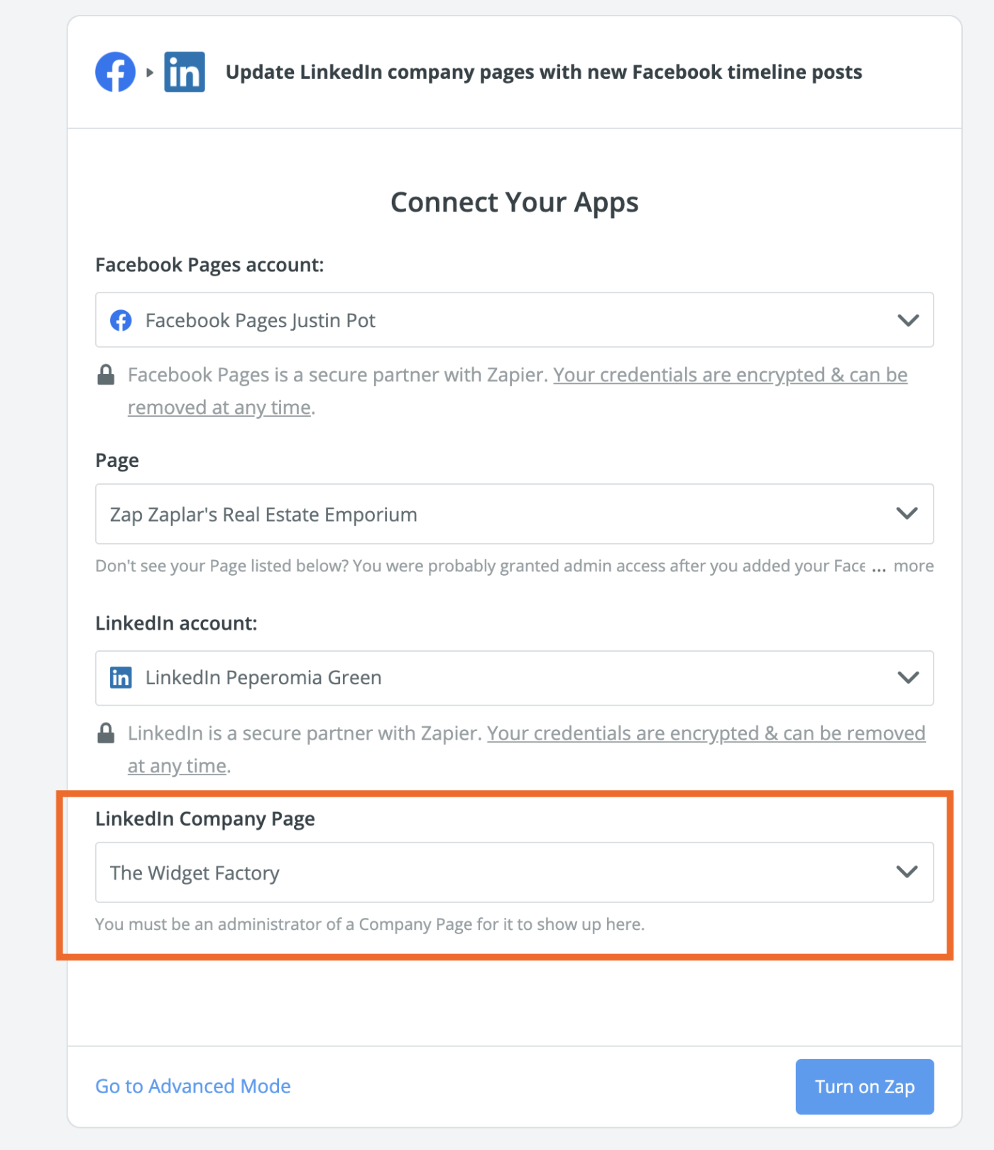 Connect Facebook Pages to a LinkedIn Company Page using Zapier
