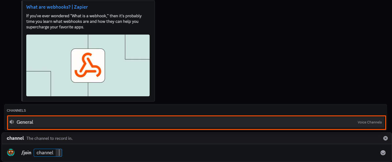 Screenshot showing the /join command for the Craig bot