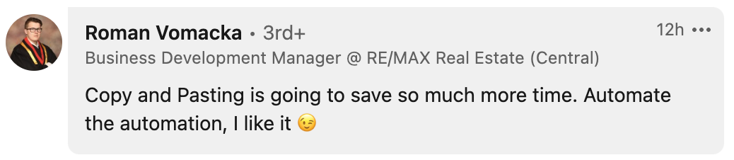 LinkedIn comment from Zapier user Kelly B. The comment reads "Copy and pasting is going to save so much more time. Automate the automation, I like it winking face emoji."