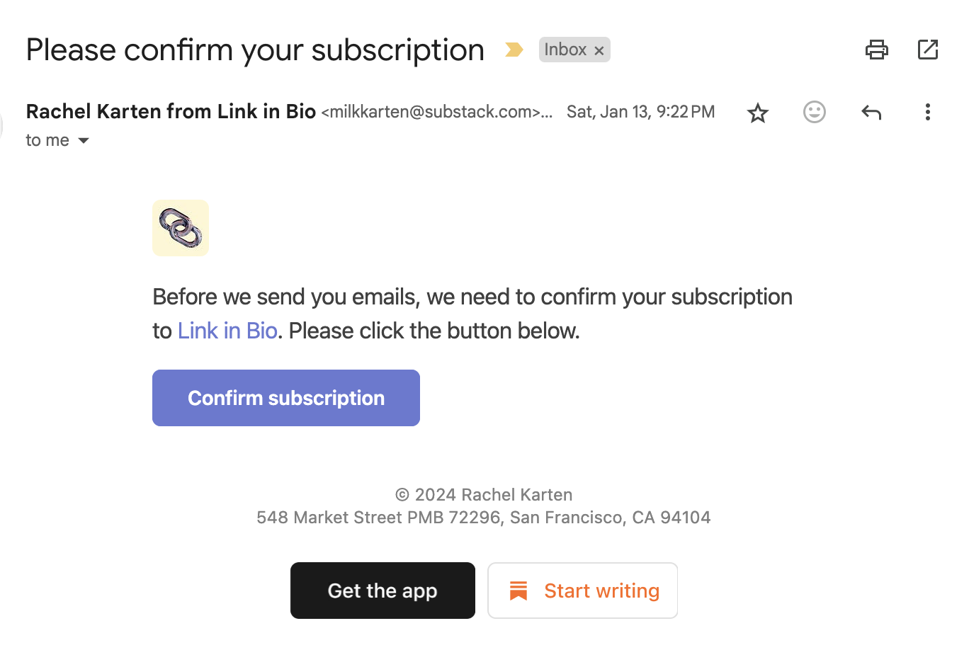 Opt-in email marketing example from the newsletter Link in Bio. 