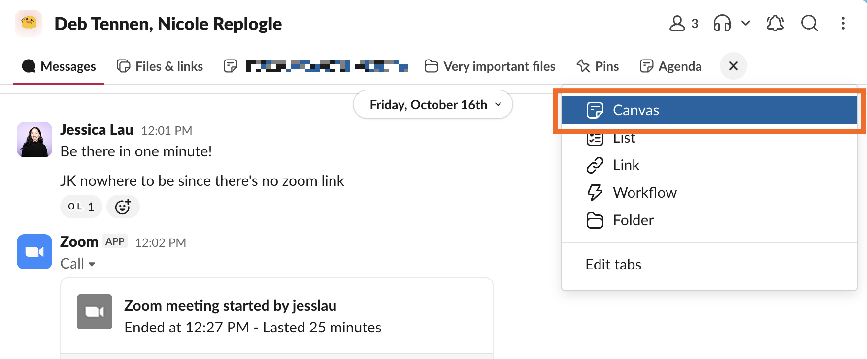 Slack Canvas option at the top of a Slack conversation.